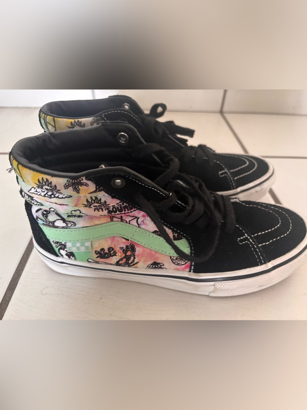 Vans  Black High Top Sneakers with Pastel Tie-Dye and Mint Stripe.
